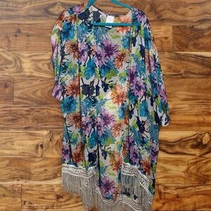 Catalina Floral Fringe Kimono in Teal, Green & Coral